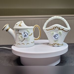 Vintage UCGC Korea Decorative Miniature Porcelain Watering Can & Basket